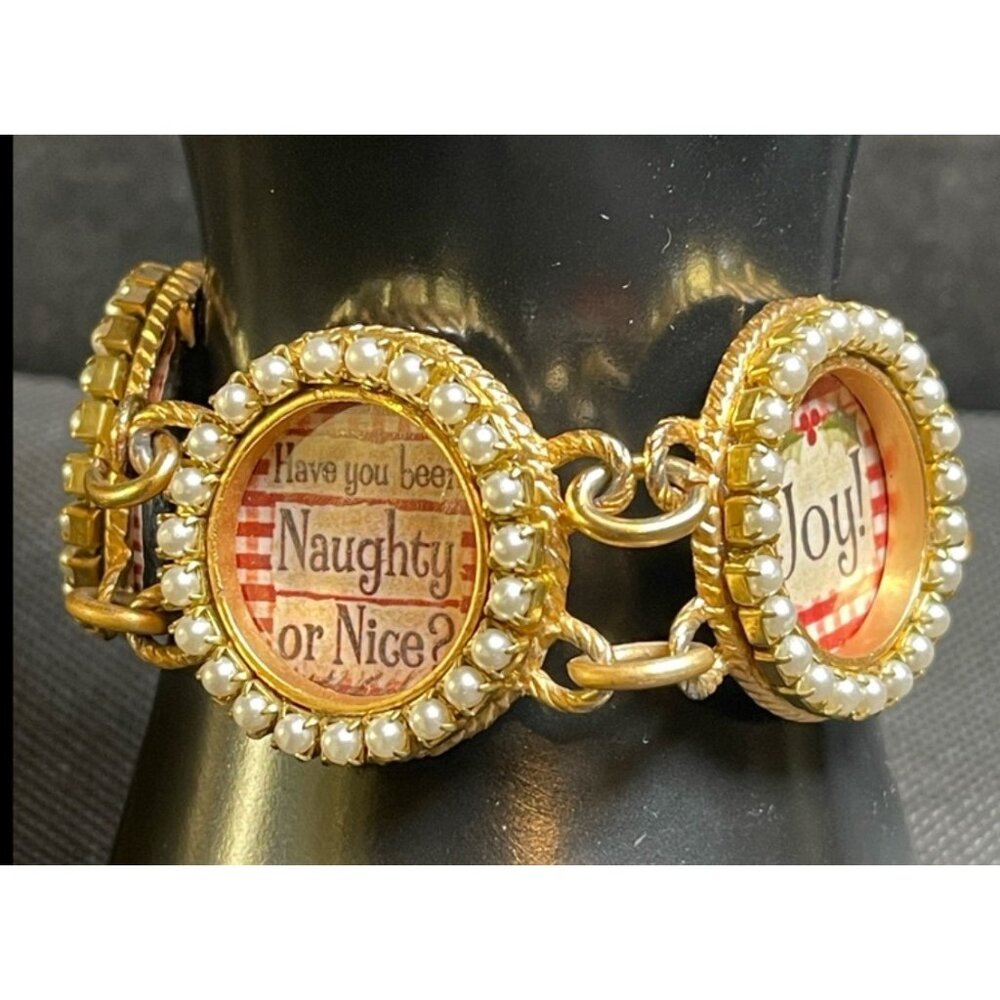 Vtg. Maximally Yours! Christmas Charm Bracelet Toggle Clasp Pearl Accents SIGNED - Picture 5 of 8